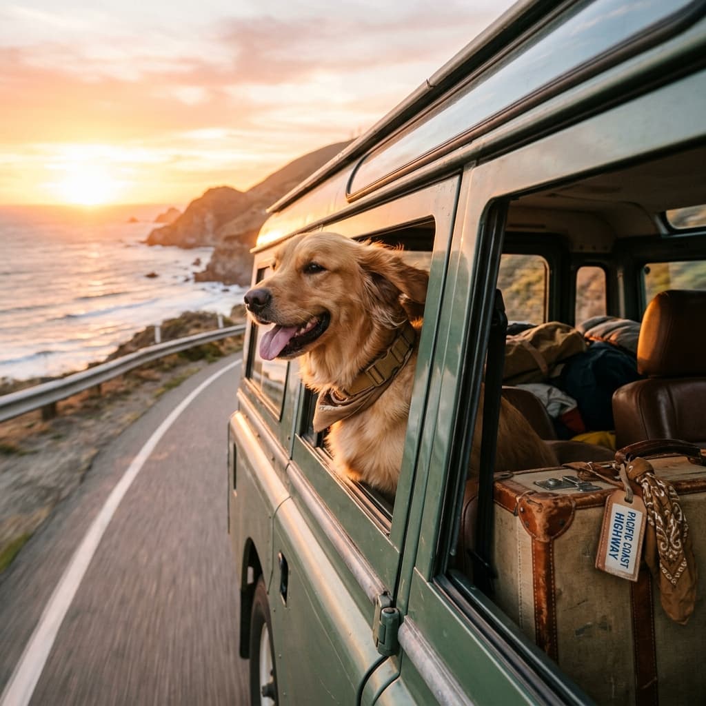 Ein glücklicher Hund schaut bei Sonnenuntergang aus einem Autofenster