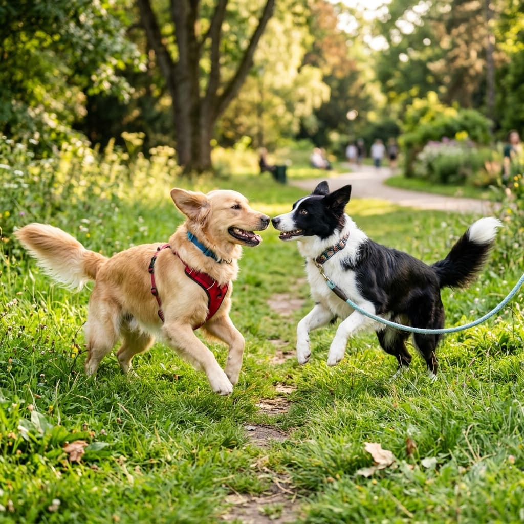 Zwei Hunde treffen sich und spielen dynamisch auf einer Wiese im Park