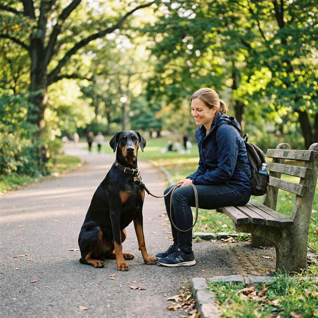 Ein ruhiger Dobermann sitzt gehorsam neben seiner Besitzerin im Park