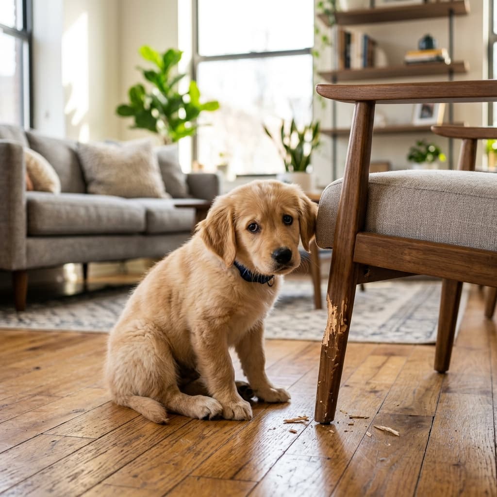 Ein süßer Hundewelpe sitzt auf dem Parkett neben einem leicht angekauten Möbelstück