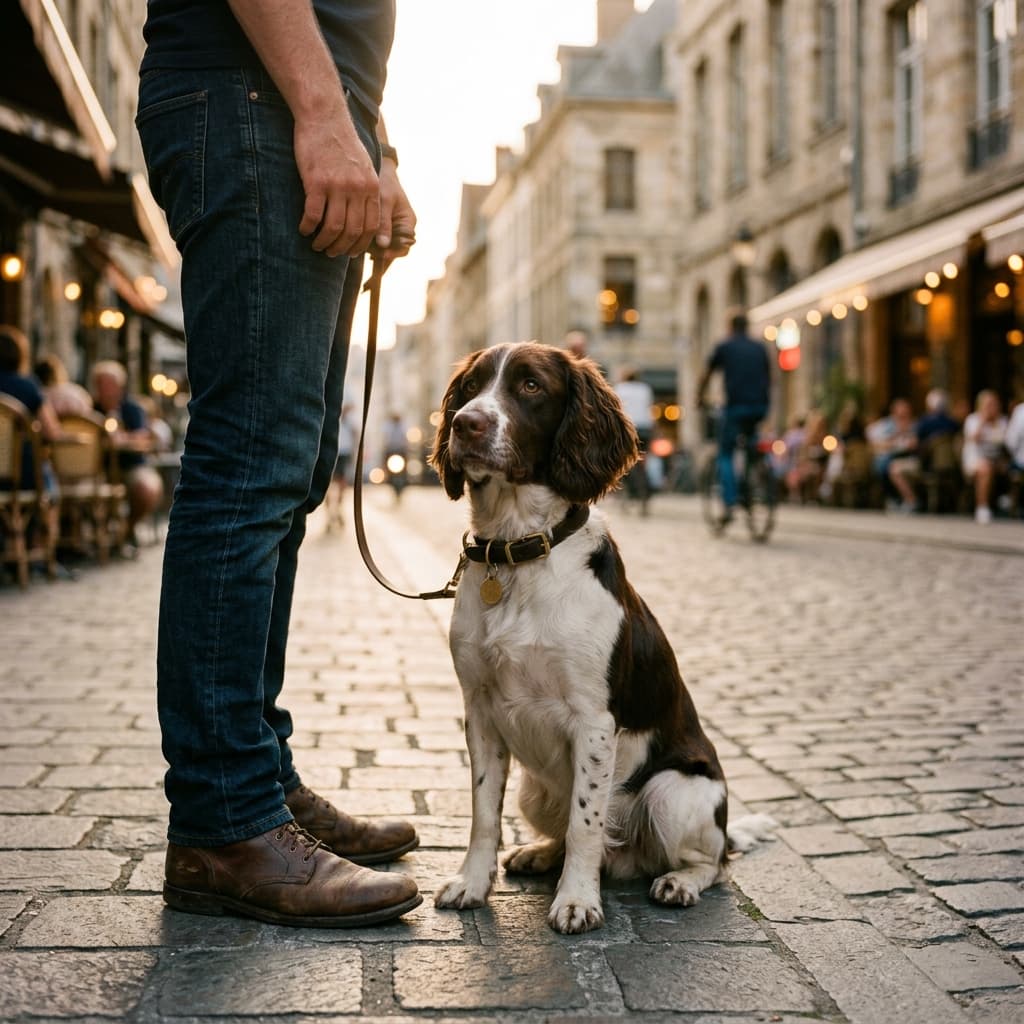 Ein Hund sitzt brav neben den Beinen einer Person auf einer städtischen Straße