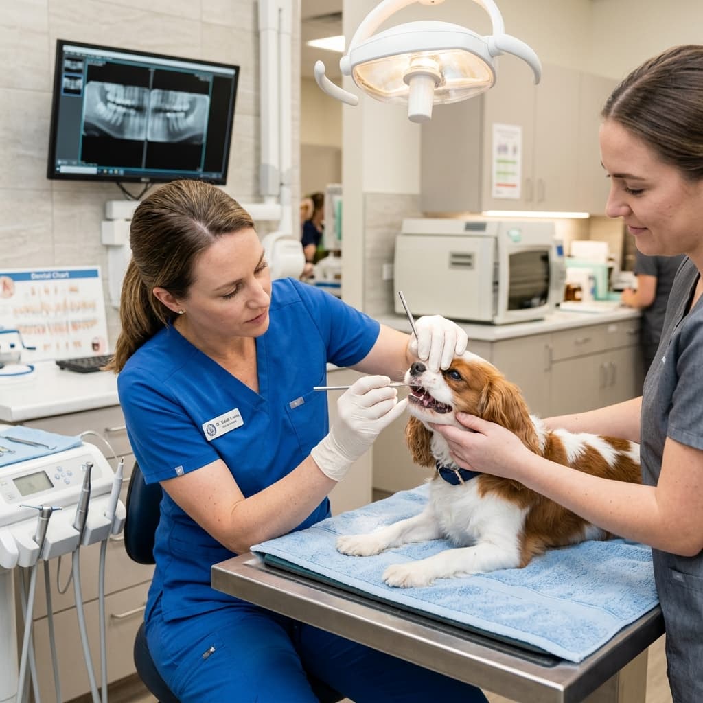 Tierärztin untersucht das Gebiss eines kleinen Hundes mit einem Dentalspiegel